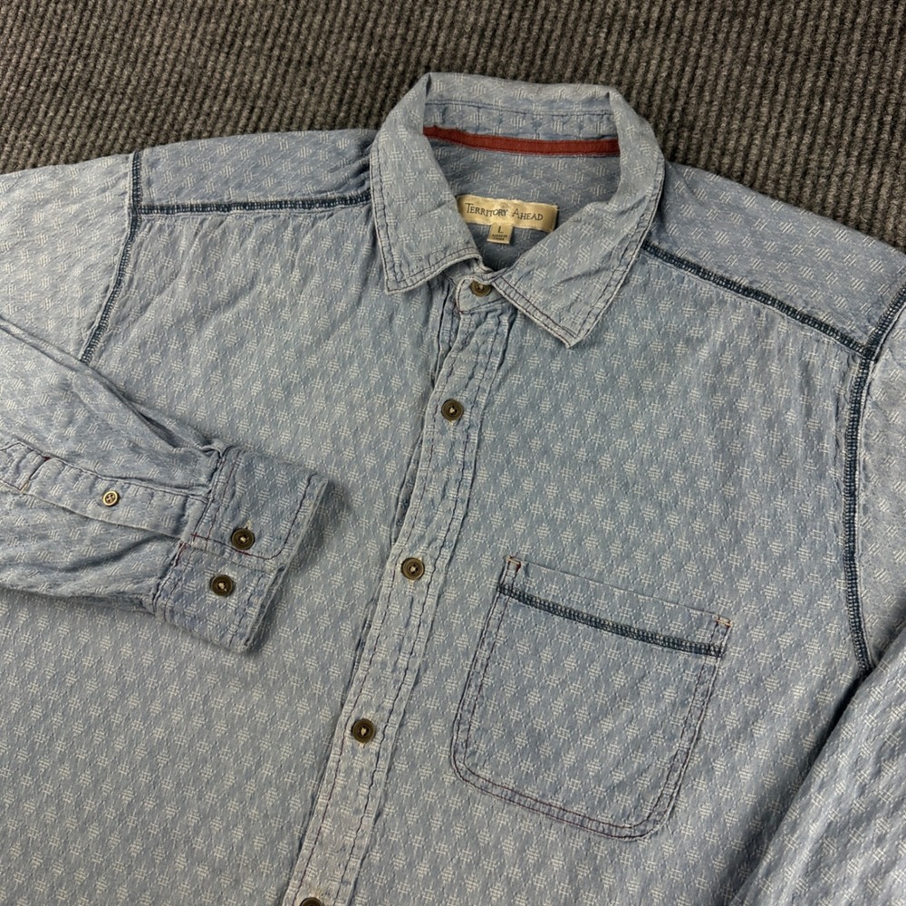 Territory Ahead Mens Large Blue Cotton Jacquard Diamond Long Sleeve Button Shirt